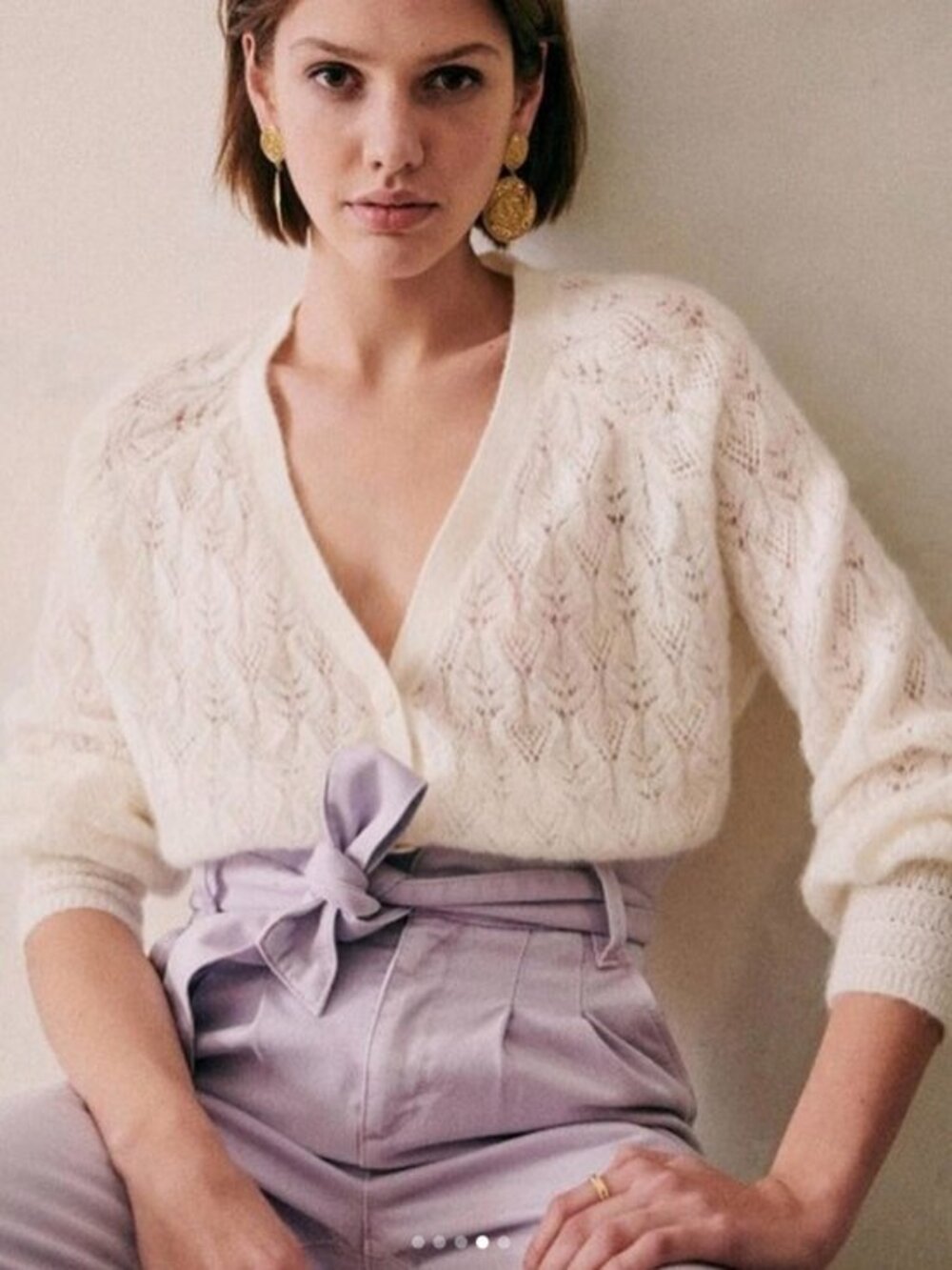 EUC Sezane Marlow Mohair Wool Fancy Knit Cardigan Ecru XS